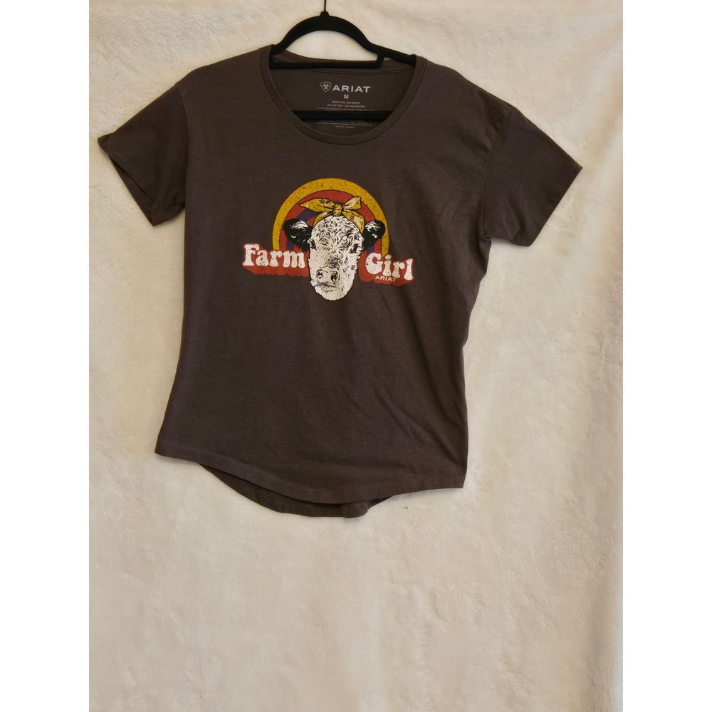 Ariat‎ Womens Size Medium Farm Girl Cow Graphic Tee Brown Short Sleeve Shirt